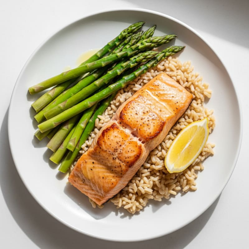 Seared Salmon Fillet with Steamed Asparagus and Brown Rice