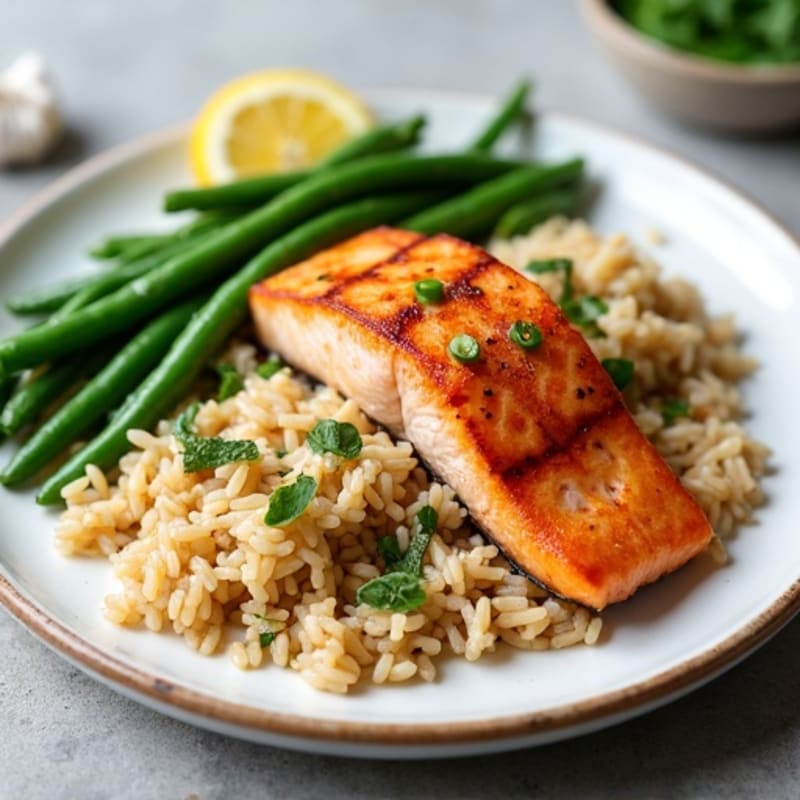 Seared Salmon Fillet with Garlic Green Beans and Brown Rice