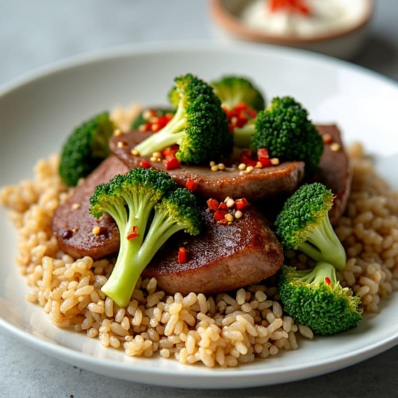Tender Beef and Crispy Broccoli Stir-Fry with Brown Rice