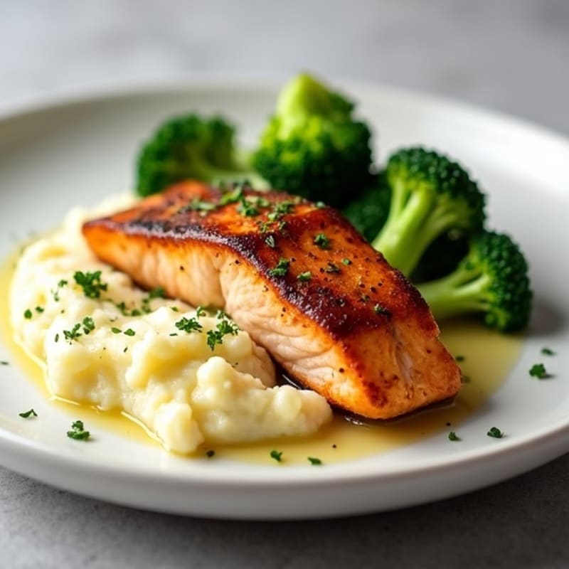 Seared Salmon with Steamed Broccoli and Garlic Mashed Potatoes