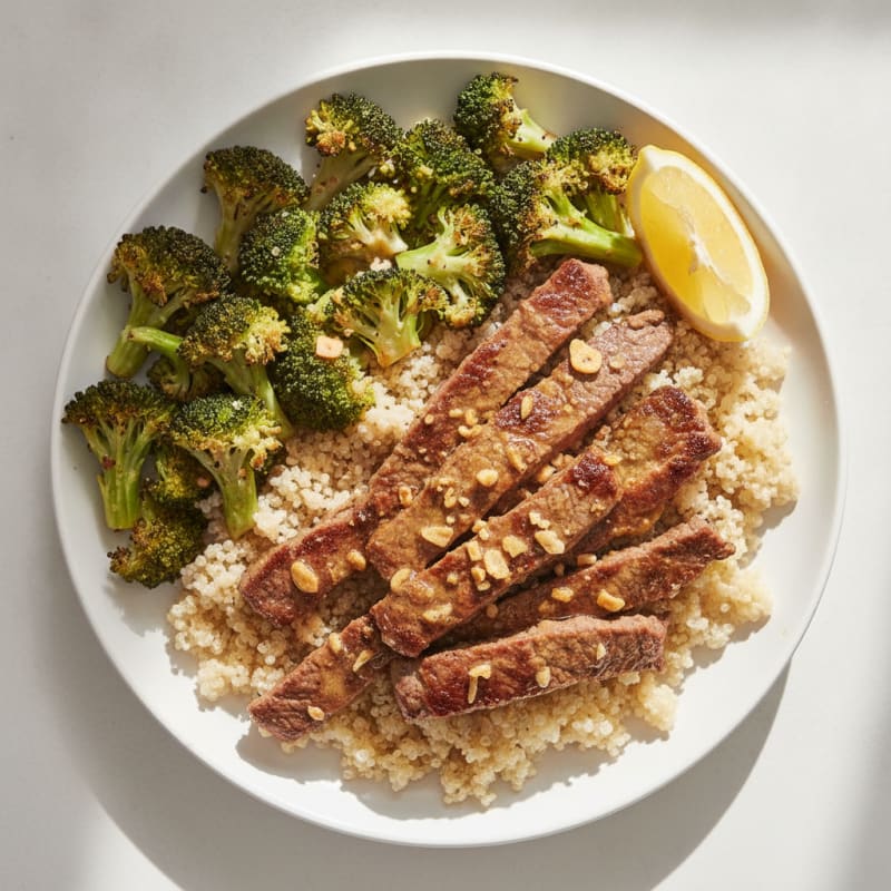 Seared Lean Beef Strips with Roasted Broccoli and Quinoa