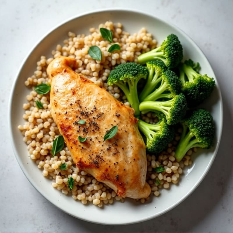 Herb-Roasted Chicken Breast with Barley Pilaf and Steamed Broccoli