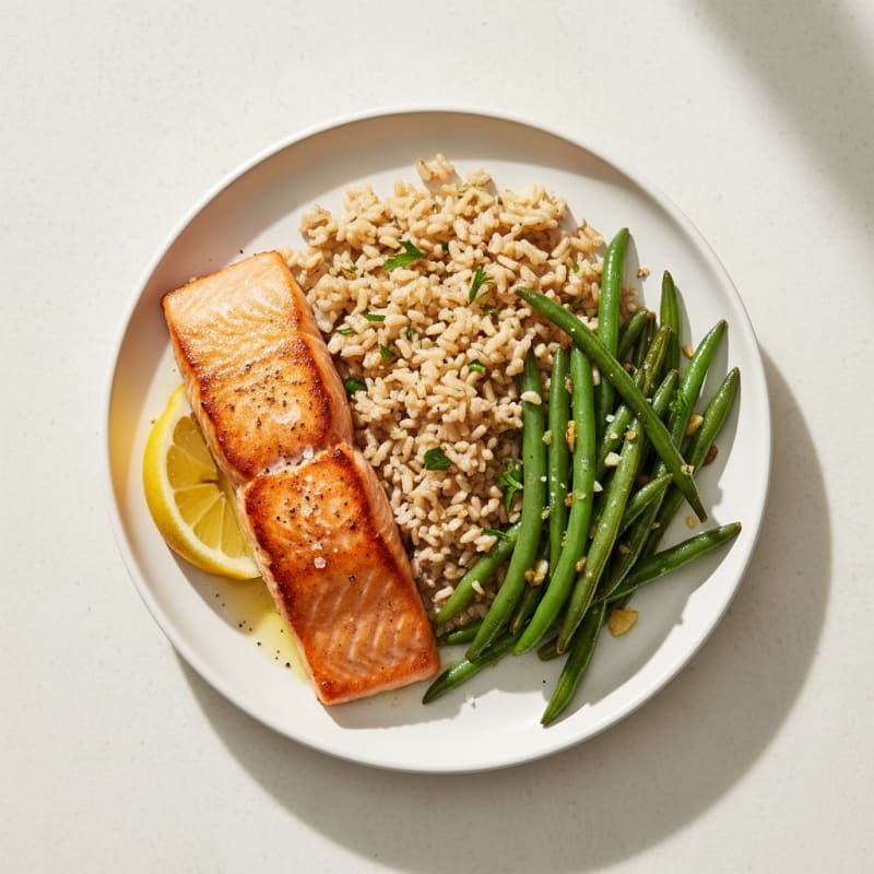 Seared Salmon with Garlic Green Beans and Brown Rice