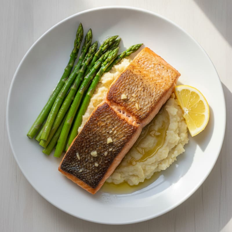 Seared Salmon with Steamed Asparagus and Garlic Mashed Cauliflower