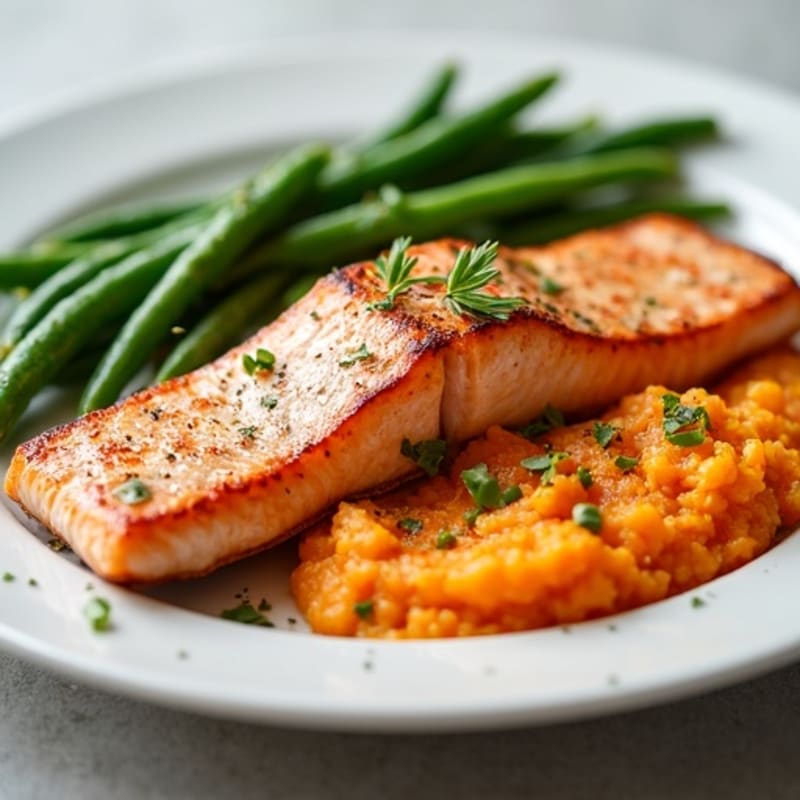 Seared Salmon Fillet with Garlic Green Beans and Sweet Potato Mash