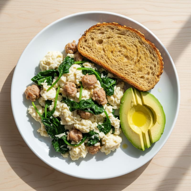 Egg White and Turkey Sausage Scramble with Sautéed Spinach