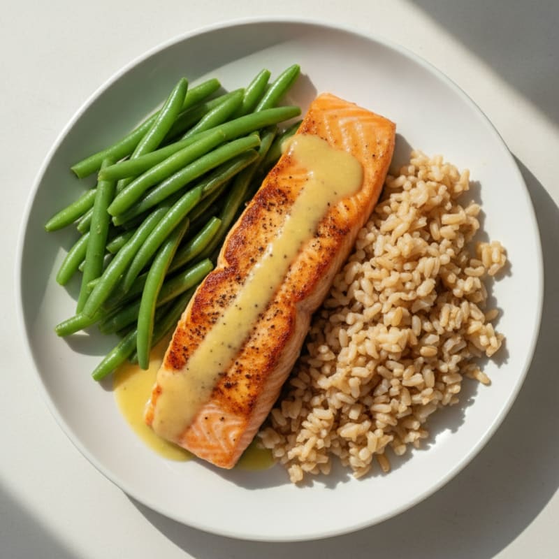 Seared Salmon Fillet with Steamed Green Beans and Brown Rice