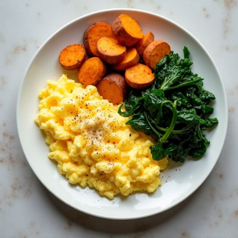 Fluffy Scrambled Eggs with Fresh Spinach and Roasted Sweet Potatoes