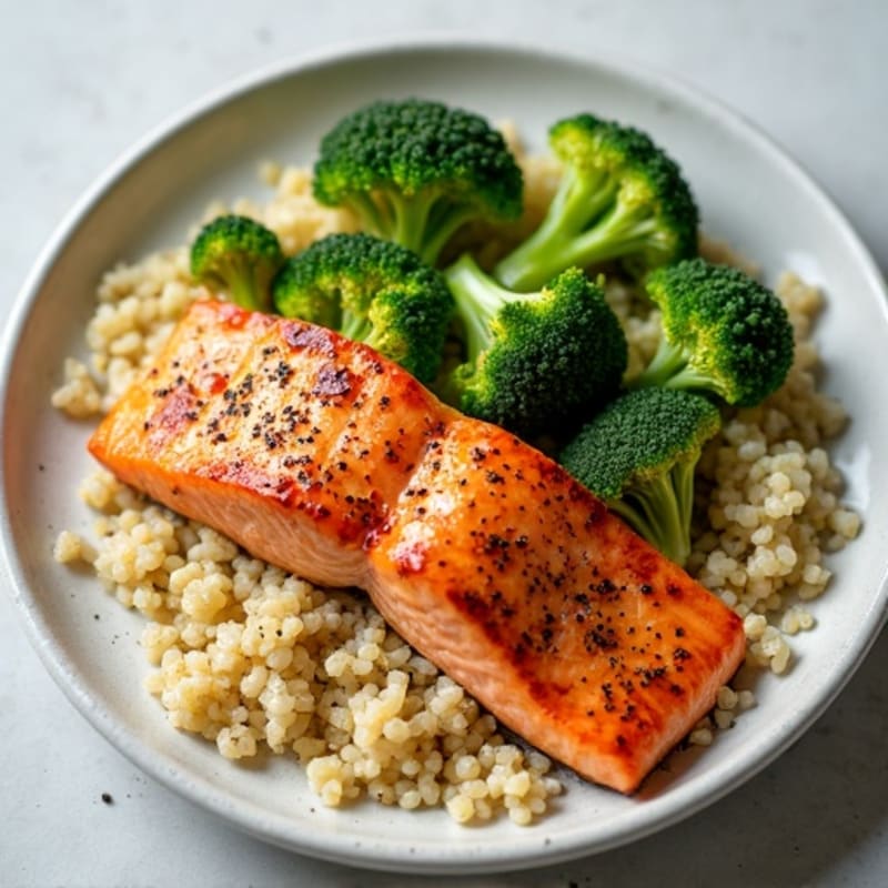Seared Salmon with Steamed Broccoli and Quinoa