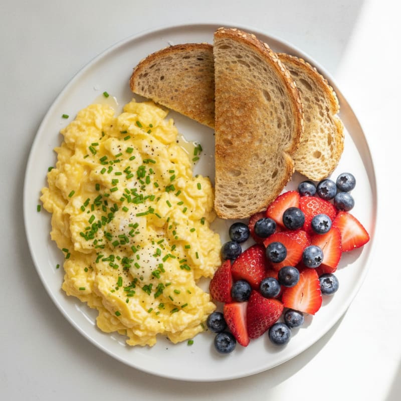 Classic Scrambled Eggs with Fruit and Toast