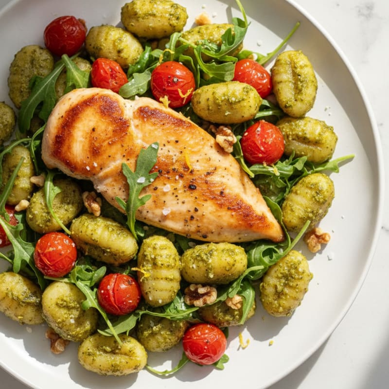 Gnocchi with Arugula Pesto and Cherry Tomatoes