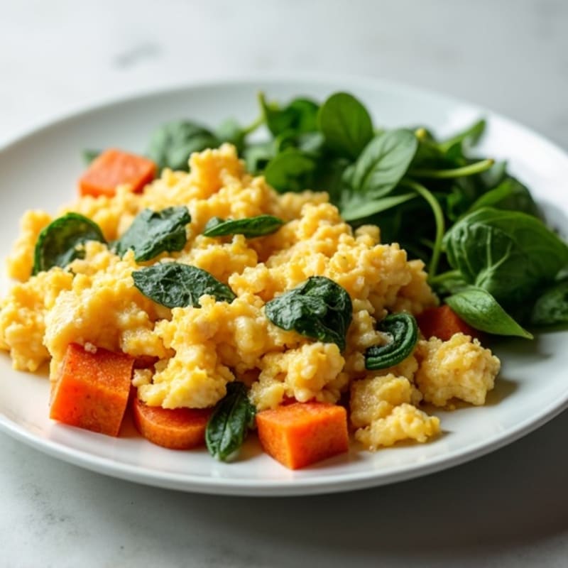 Egg White and Turkey Spinach Scramble with Roasted Sweet Potatoes