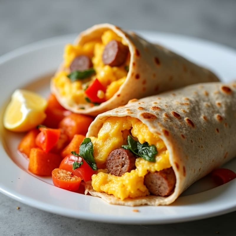 Hearty Egg and Lean Chicken Sausage Burrito with Roasted Sweet Potatoes