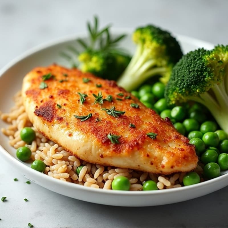 Crispy Lemon-Herb Chicken with Hearty Brown Rice and Peas and Roasted Broccoli
