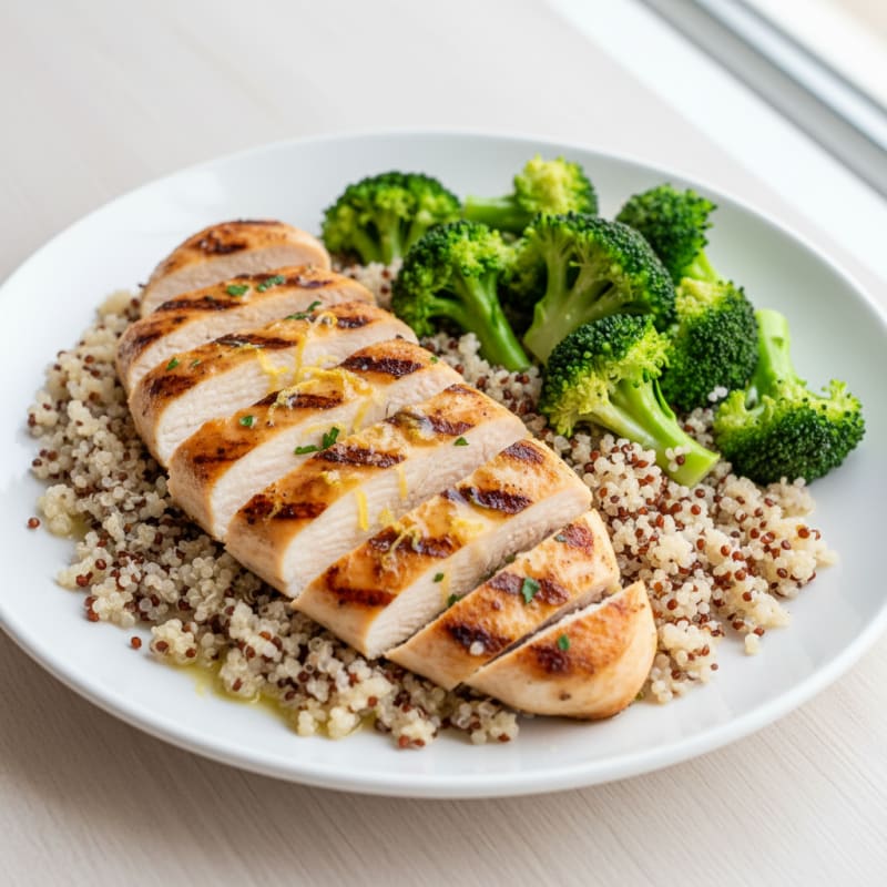 Grilled Chicken Breast with Quinoa and Steamed Broccoli