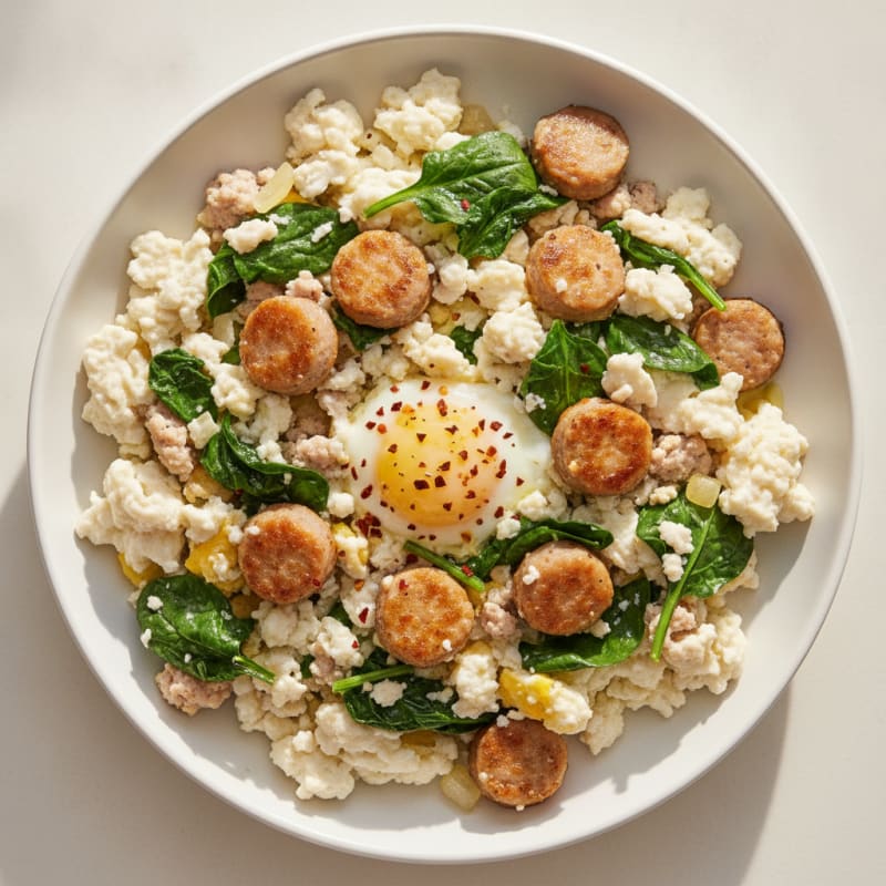 Egg White and Turkey Sausage Scramble with Sautéed Spinach
