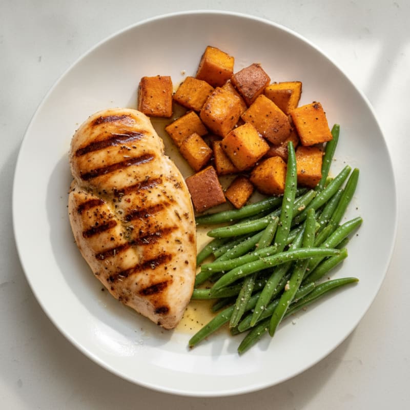 Grilled Chicken with Roasted Sweet Potatoes and Green Beans