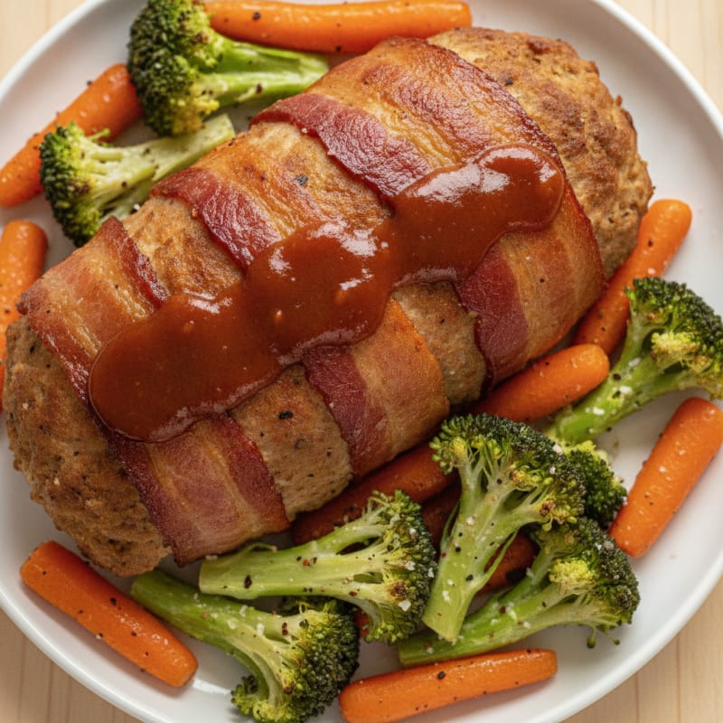 BBQ Bacon-Wrapped Meatloaf with Roasted Vegetables