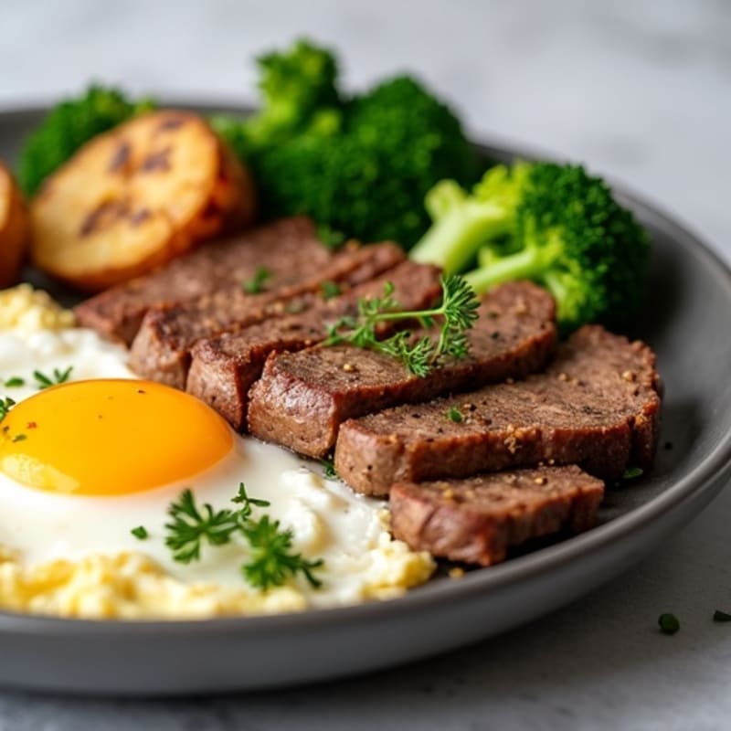 Egg and Steak Scramble with Roasted Potatoes and Sautéed Broccoli