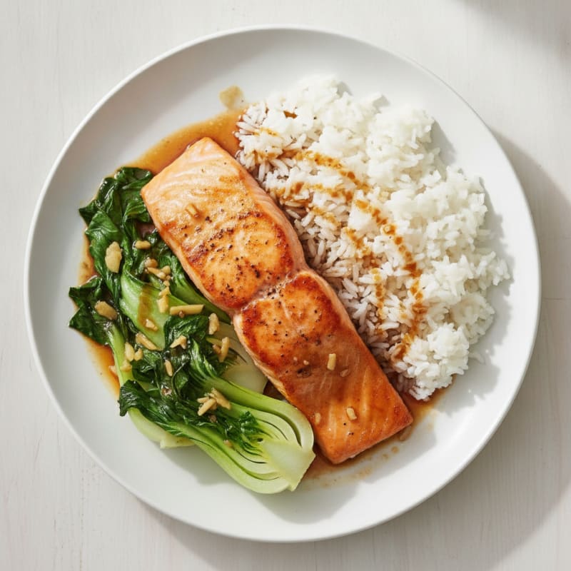 Seared Salmon with Ginger Garlic Bok Choy and Steamed Rice