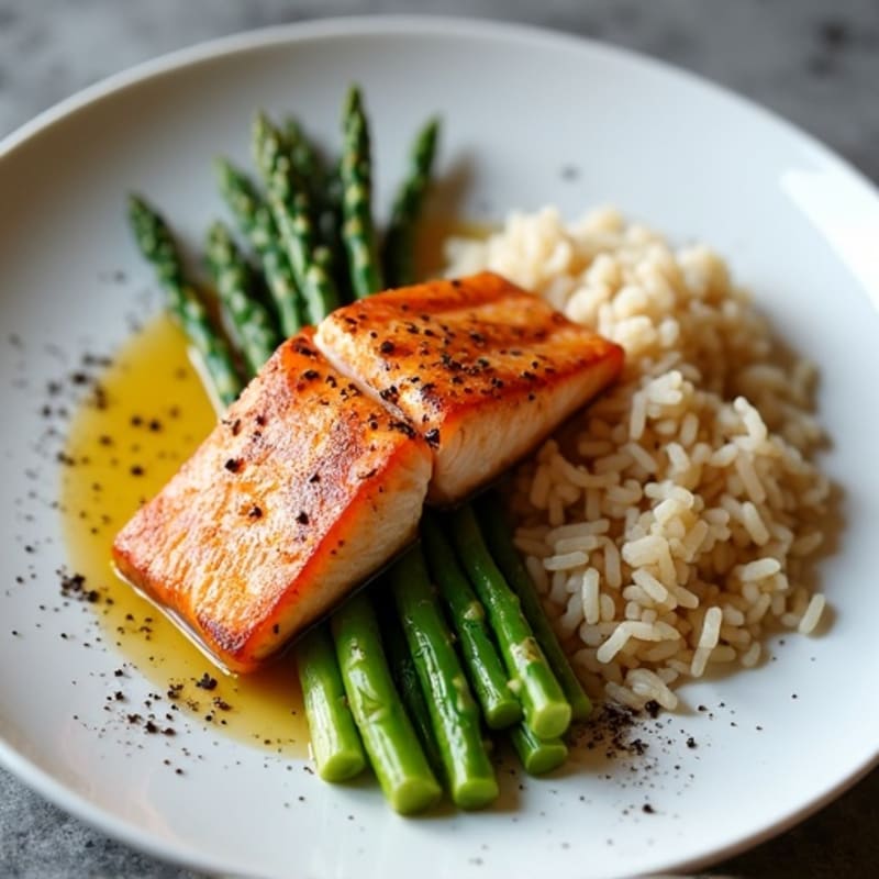 Seared Salmon with Steamed Asparagus and Brown Rice