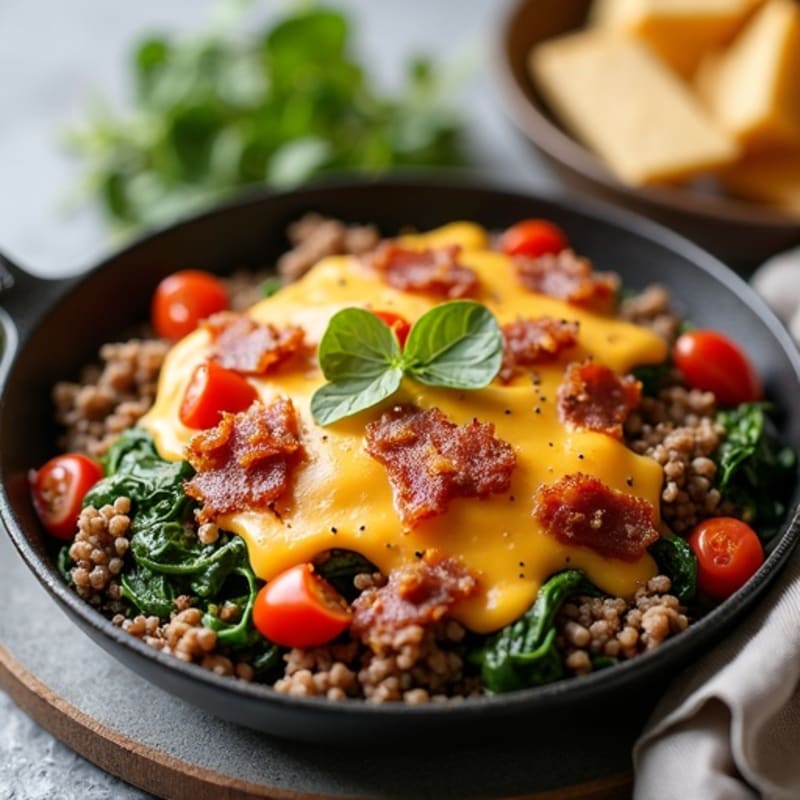 Lean Ground Beef and Crispy Bacon Skillet with Cheesy Sauce