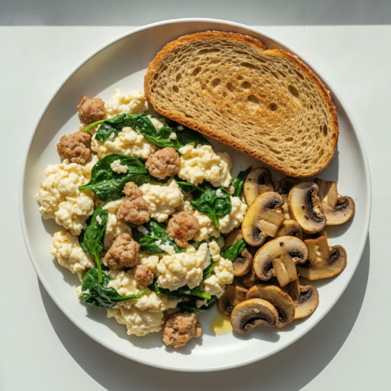 Egg White Spinach Scramble with Turkey Sausage and Sautéed Mushrooms