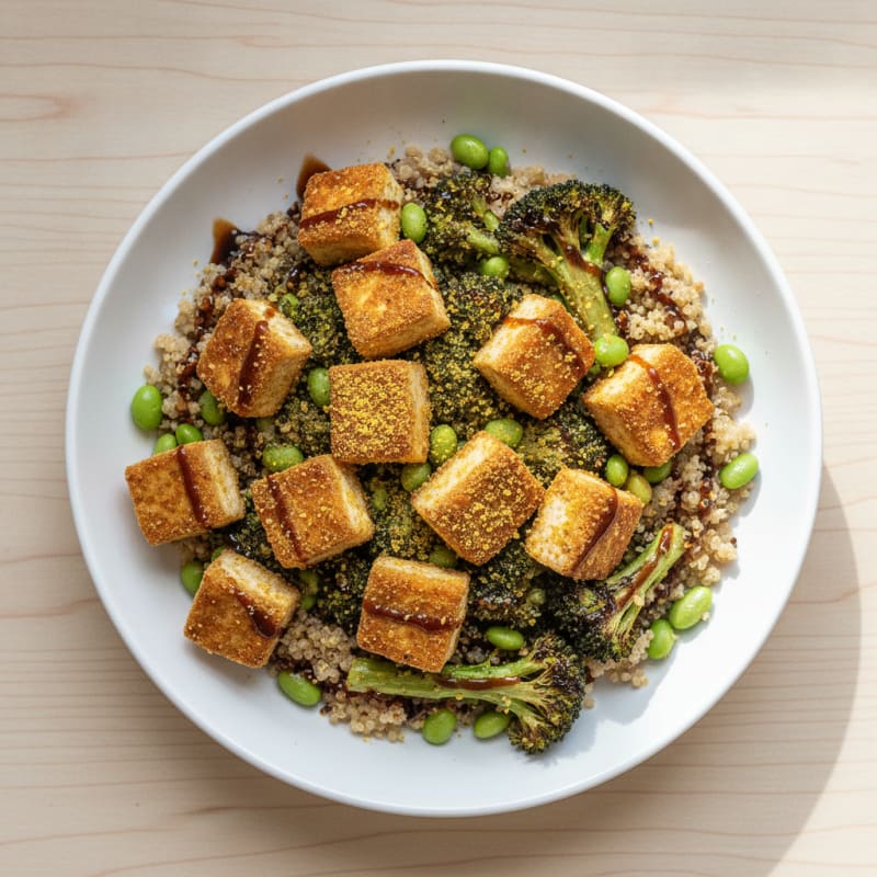 Crispy Tofu and Quinoa Power Bowl with Roasted Vegetables
