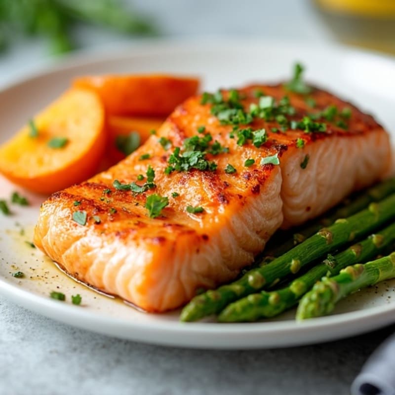 Seared Salmon Fillet with Roasted Sweet Potato and Asparagus
