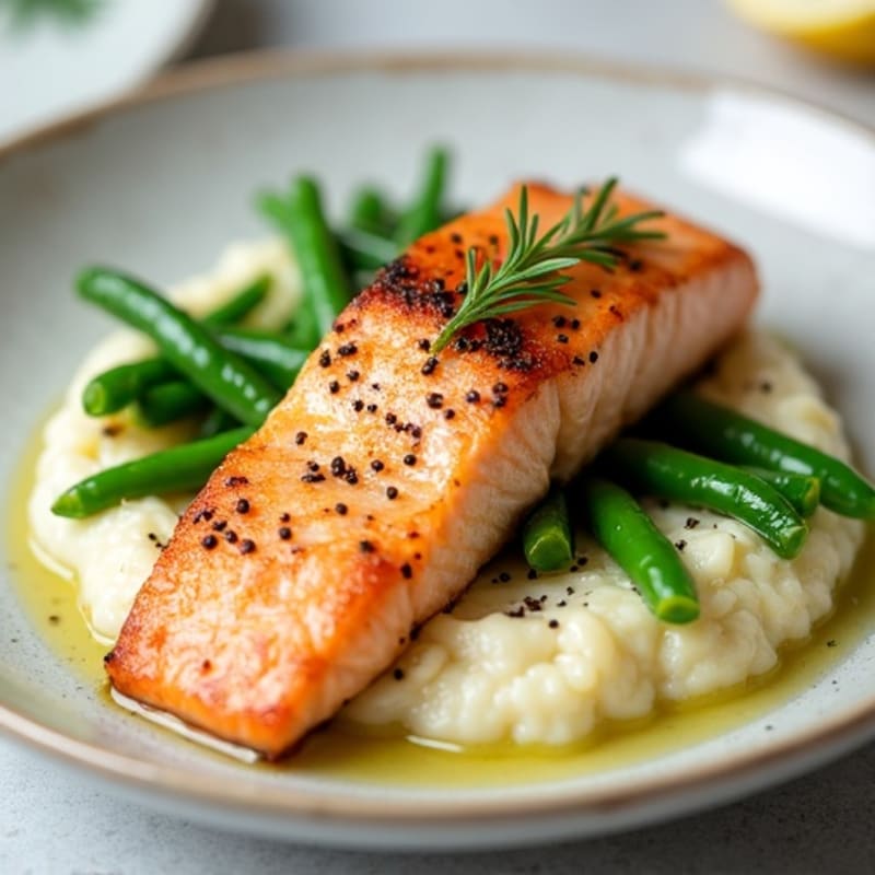 Seared Salmon with Steamed Green Beans and Cauliflower Mash