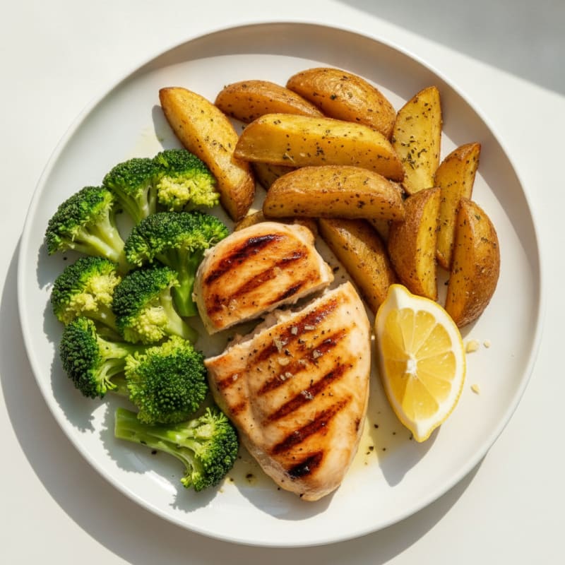 Grilled Chicken Breast with Roasted Potatoes and Steamed Vegetables