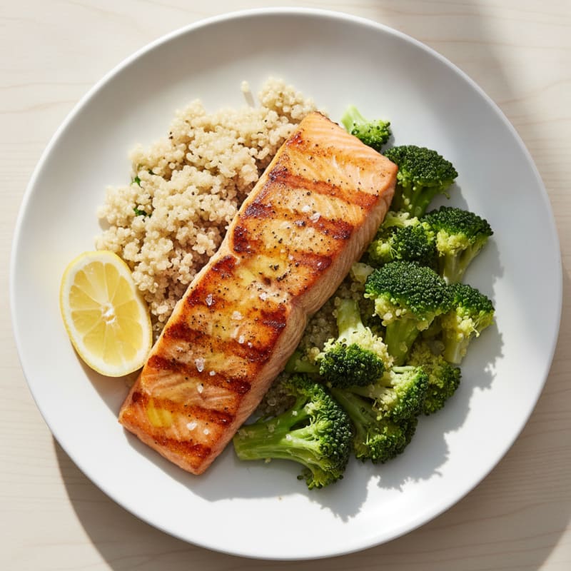 Seared Salmon with Steamed Broccoli and Quinoa