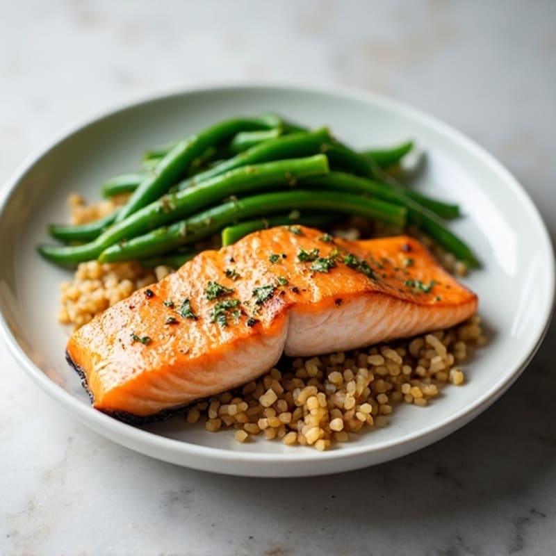 Seared Salmon Fillet with Garlic Green Beans and Brown Rice