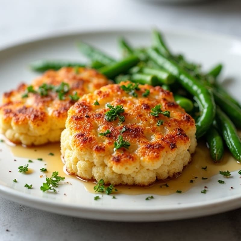 Crispy Roasted Cauliflower Steaks with Garlicky Green Beans and Pan-Seared Salmon