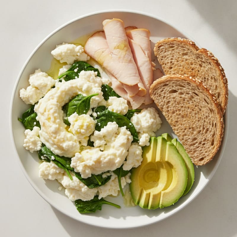 Egg White Spinach Scramble with Cottage Cheese and Sliced Turkey