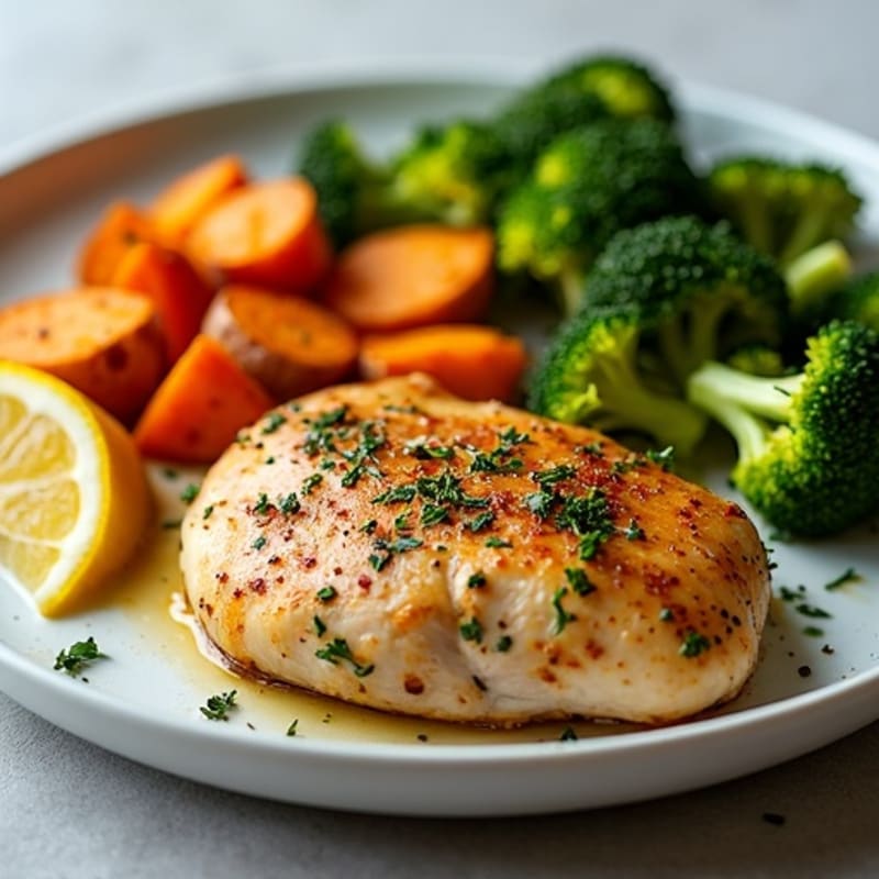 Sheet Pan Lemon Herb Chicken with Crispy Roasted Sweet Potatoes and Broccoli
