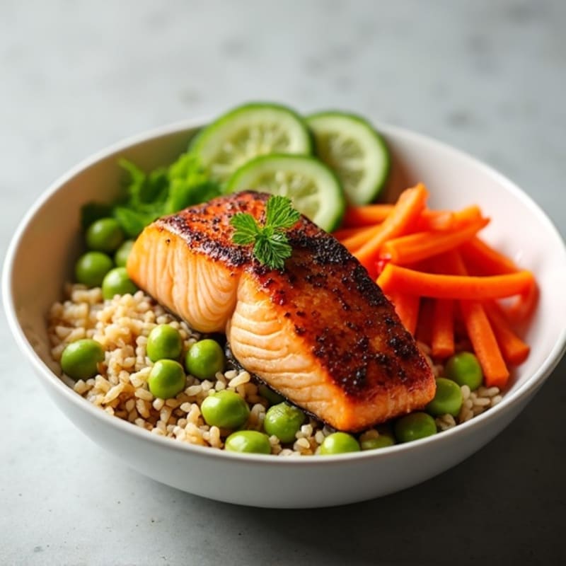 Fresh Salmon and Crisp Vegetable Rice Bowl
