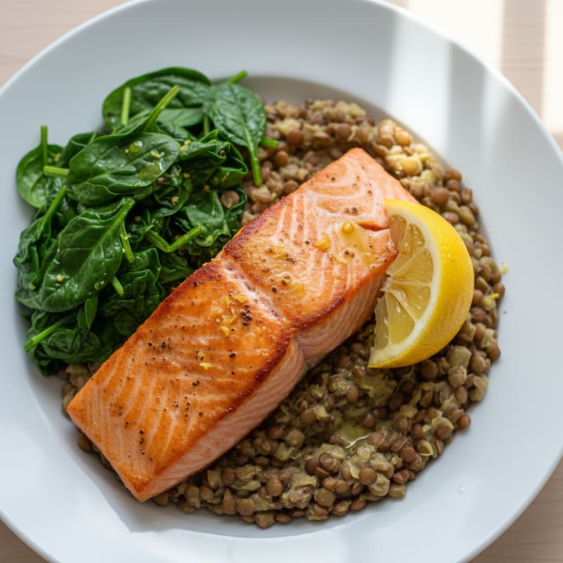 Seared Salmon Fillet with Sautéed Spinach and Lentil Mash