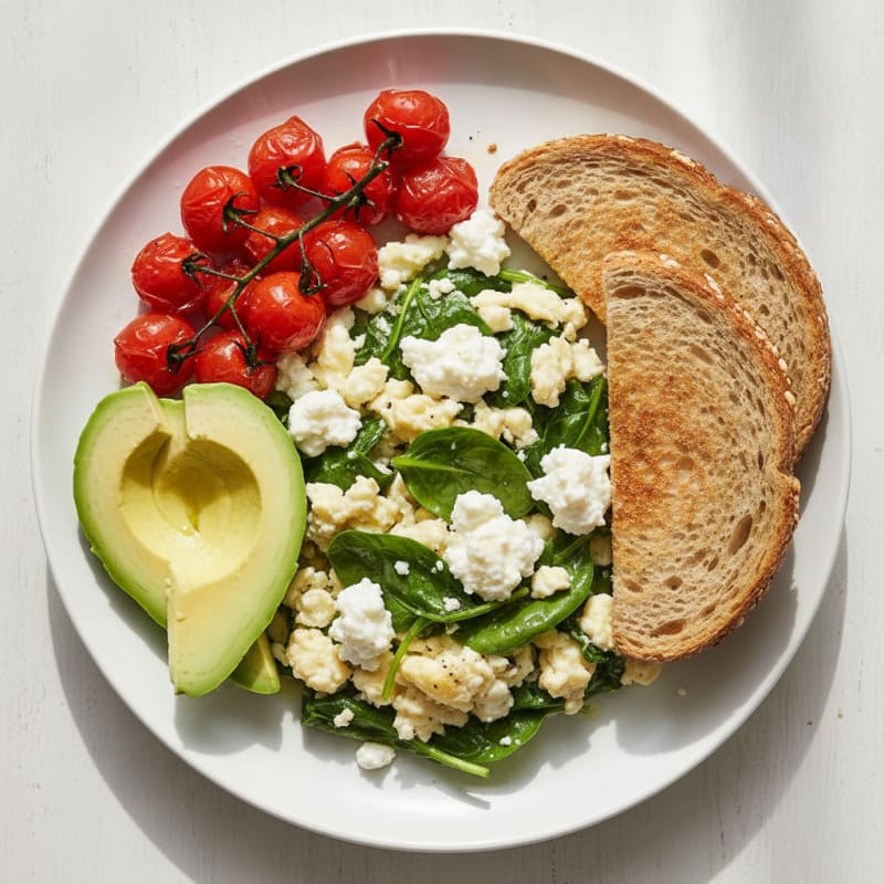 Egg White and Spinach Scramble with Cottage Cheese and Cherry Tomatoes