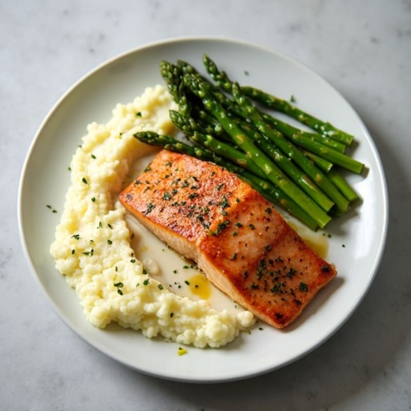 Seared Salmon with Steamed Asparagus and Garlic Cauliflower Mash