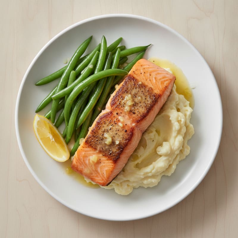 Seared Salmon Fillet with Steamed Green Beans and Cauliflower Mash