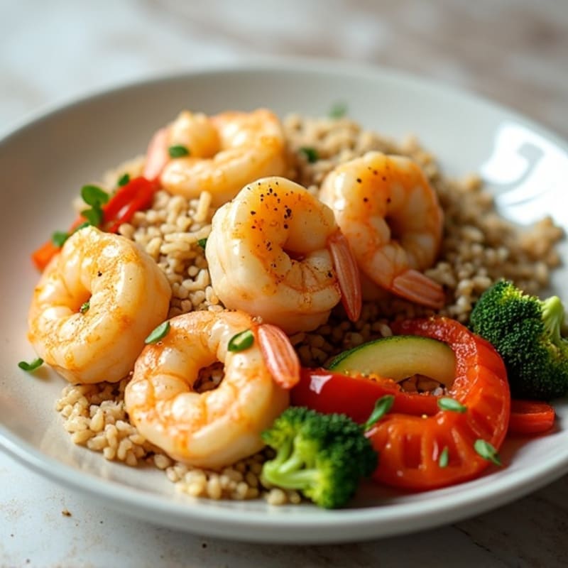Garlic Shrimp with Sautéed Vegetables and Fluffy Jasmine Rice