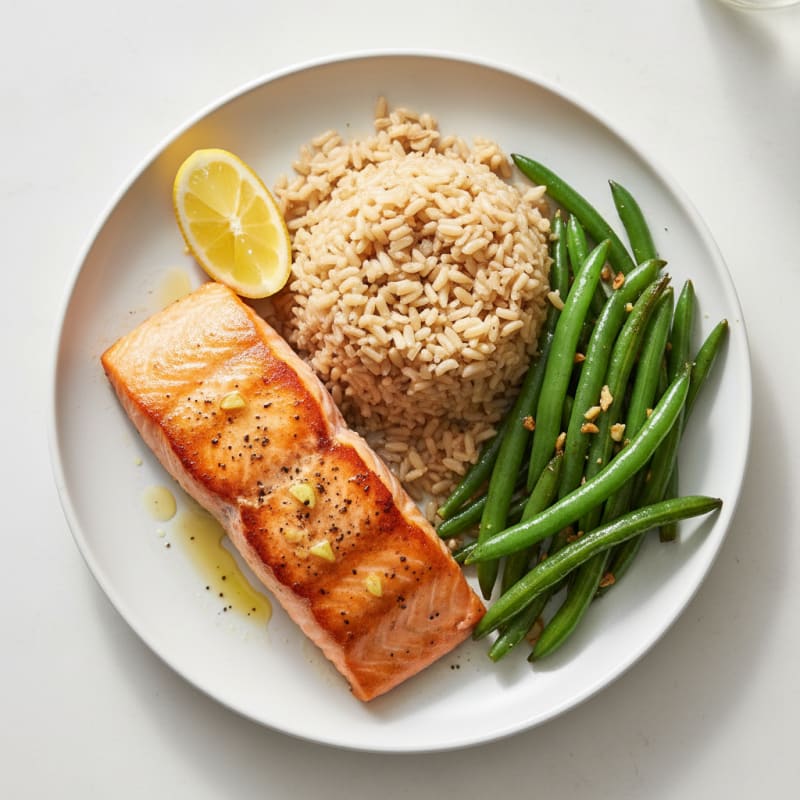 Seared Salmon with Garlic Green Beans and Brown Rice