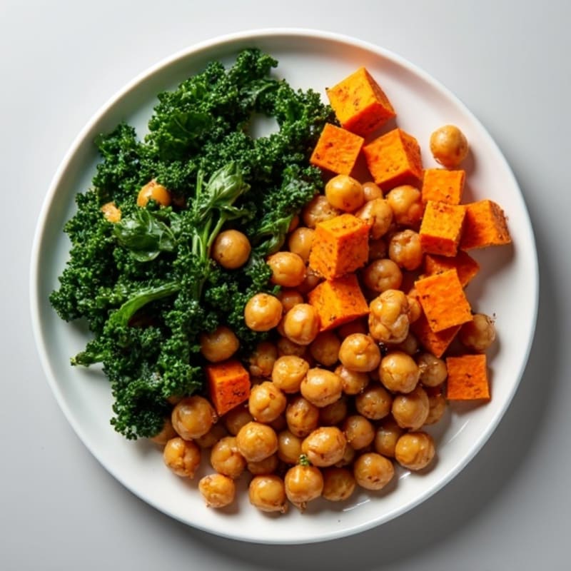Herb-Roasted Sweet Potatoes and Crispy Chickpeas with Garlicky Greens