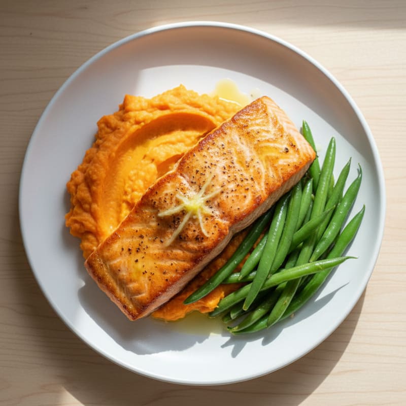 Seared Salmon Filet with Steamed Green Beans and Sweet Potato Mash