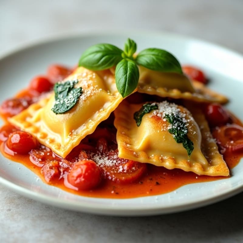 Ricotta-Spinach Stuffed Ravioli with Herb-Roasted Tomato Sauce