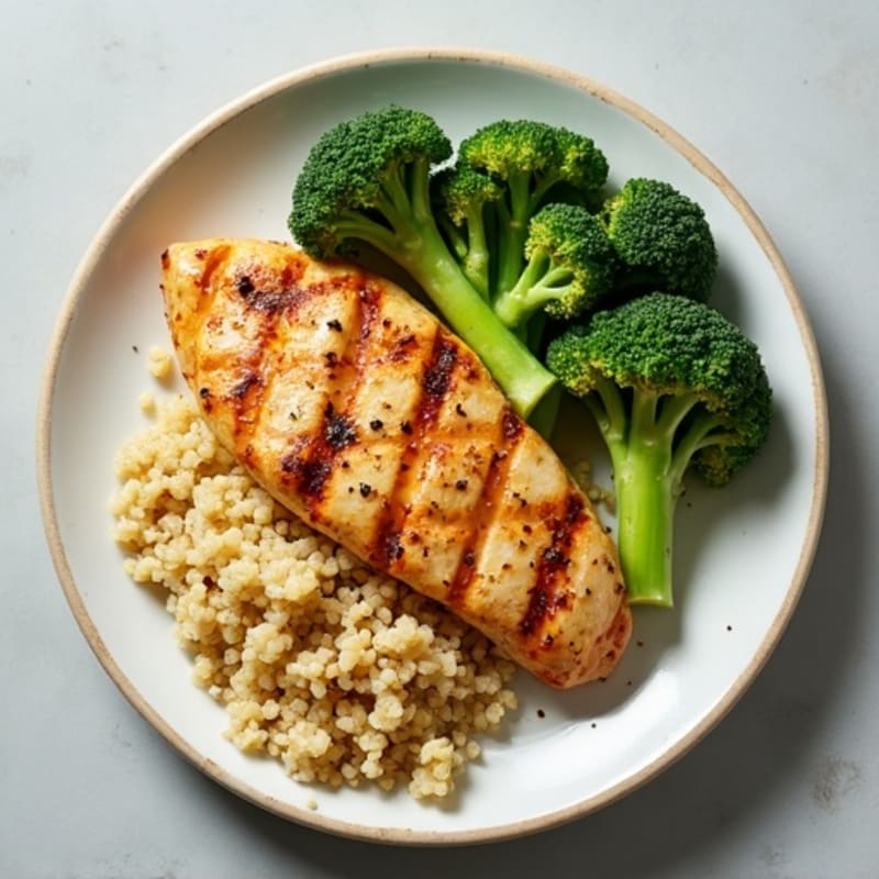 Grilled Lemon-Garlic Chicken Breast with Quinoa and Steamed Broccoli