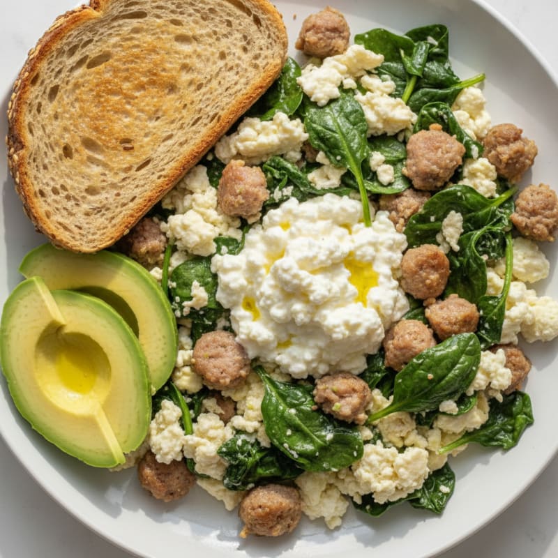 Egg White and Turkey Sausage Scramble with Spinach and Cottage Cheese