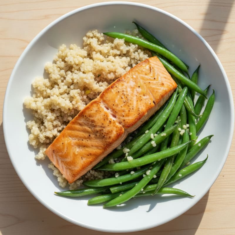 Seared Salmon Fillet with Garlic Green Beans and Quinoa