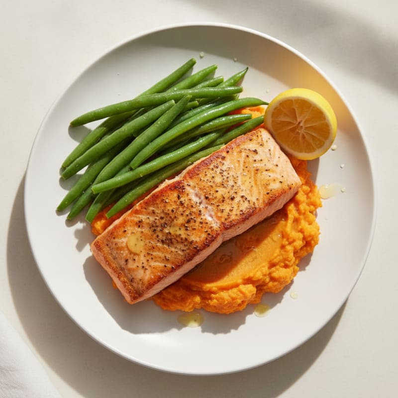 Seared Salmon with Steamed Green Beans and Sweet Potato Mash